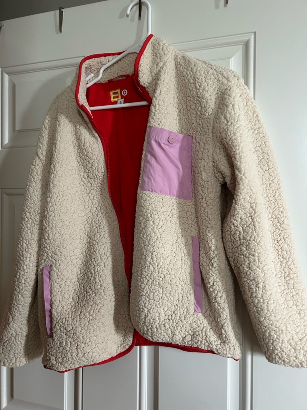 Lego x Target Cream Sherpa Jacket with Pink Accents and Red Lining